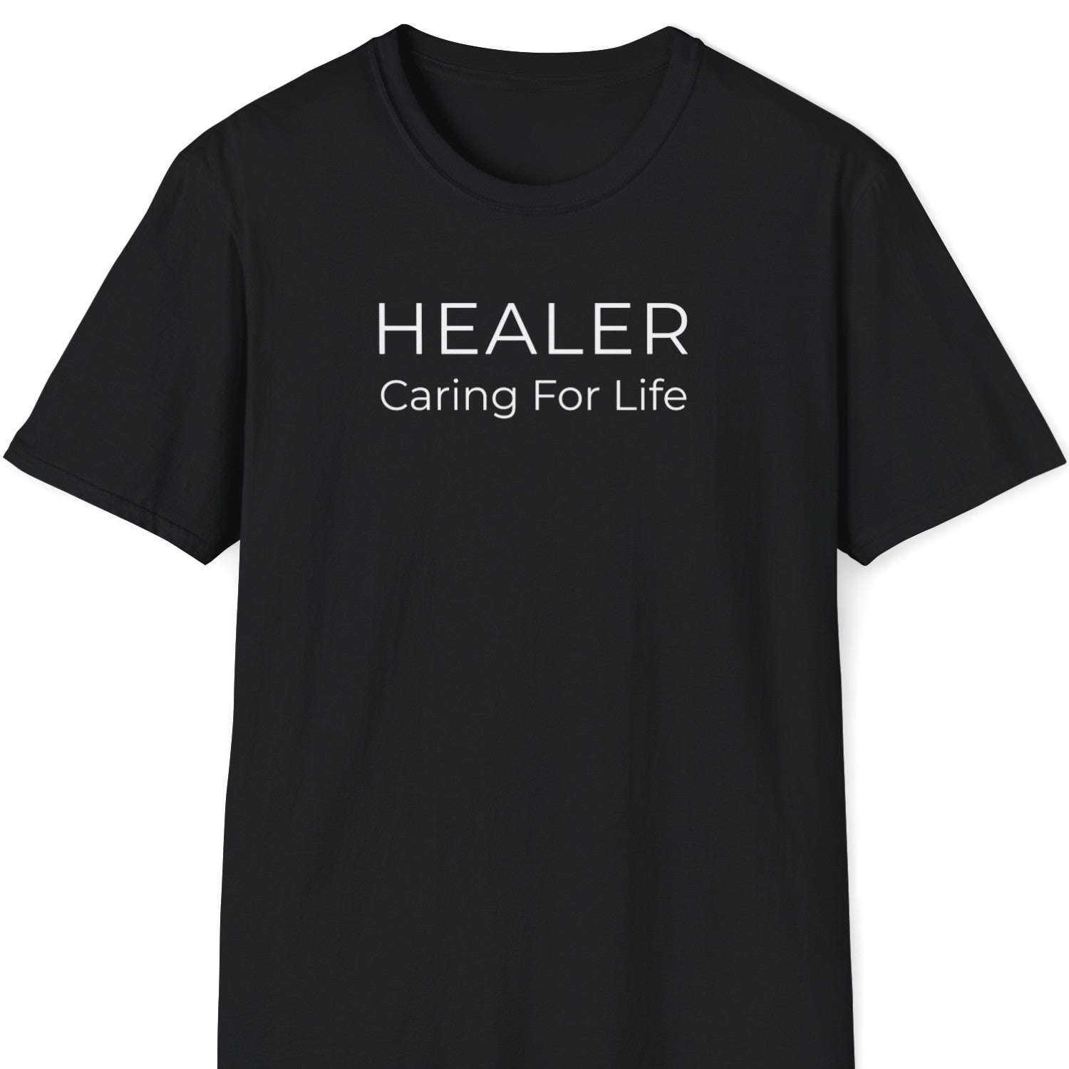 Black Christian t-shirt with 'HEALER Caring For Life' text on a white background