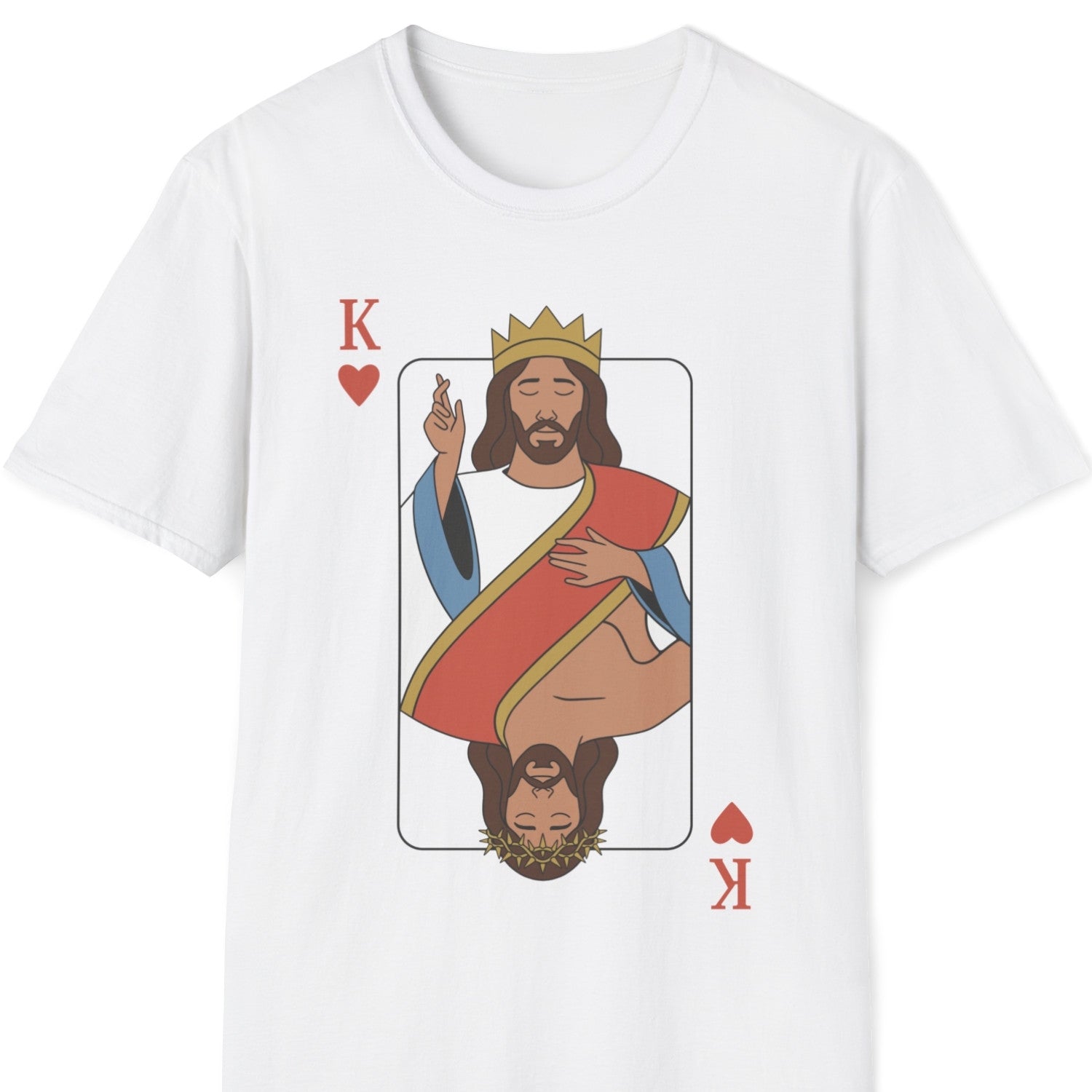 White Christian t-shirt with a graphic of Jesus as the king of hearts playing card, white background