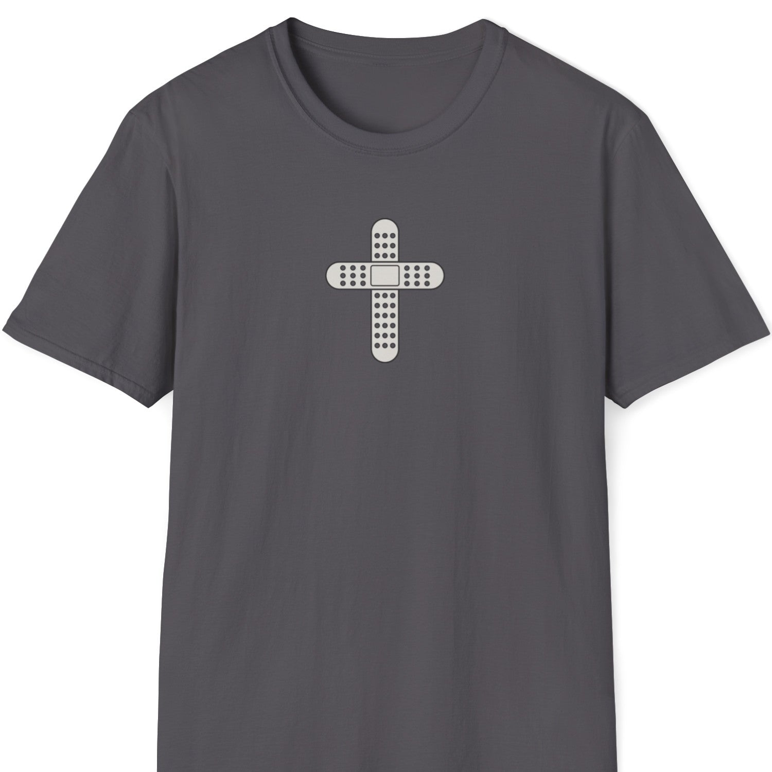 Charcoal Christian t-shirt with a bandage cross design on a white background