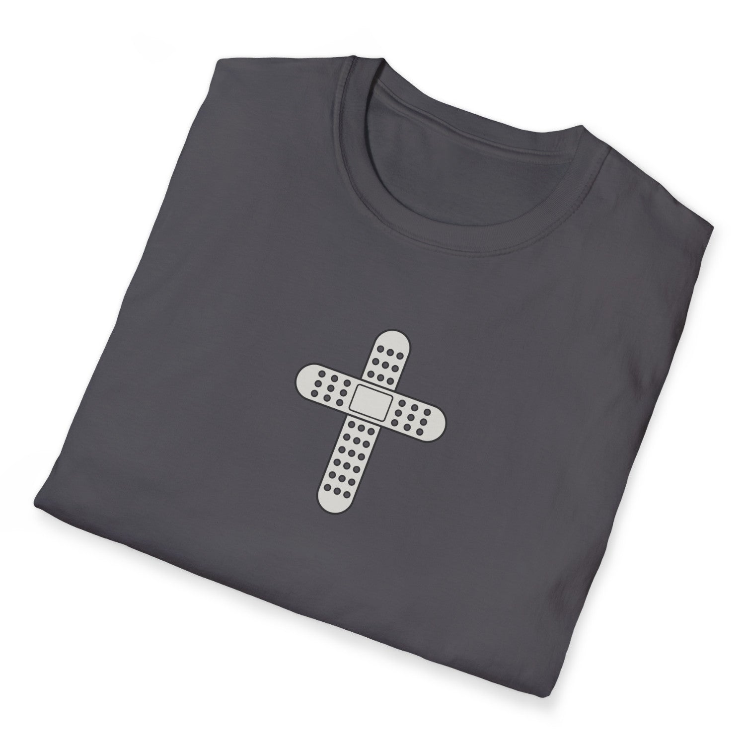 Folded Charcoal Christian t-shirt with a bandage cross design on a white background