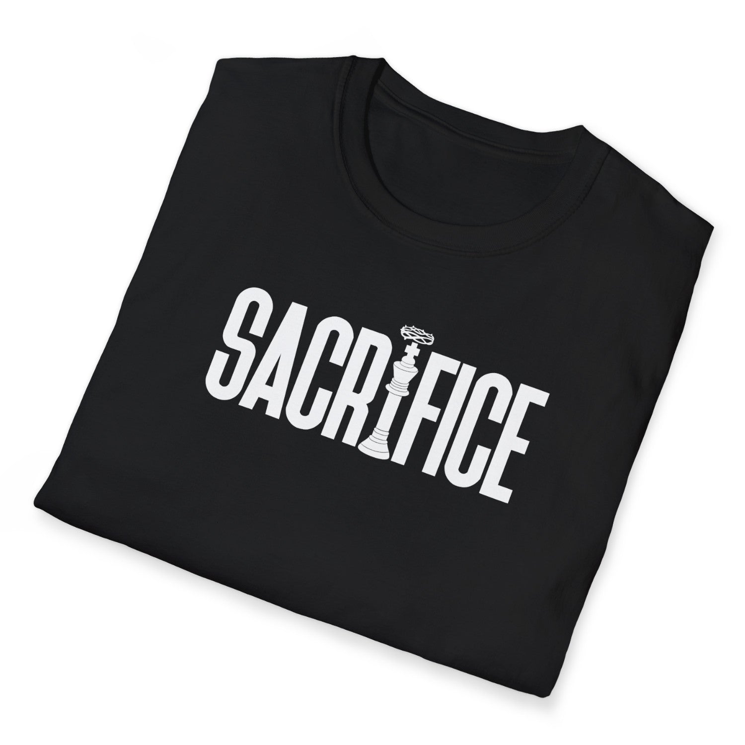 Folded Black Christian Chess t-shirt with 'Sacrifice' printed in white on a white background