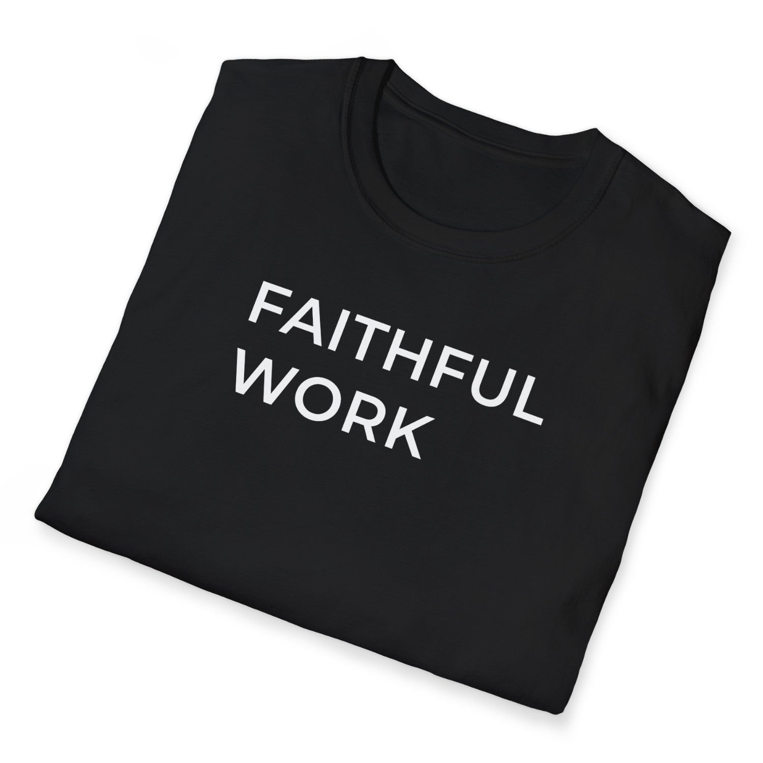 Folded Black Christian t-shirt with 'FAITHFUL WORK' text on a white background