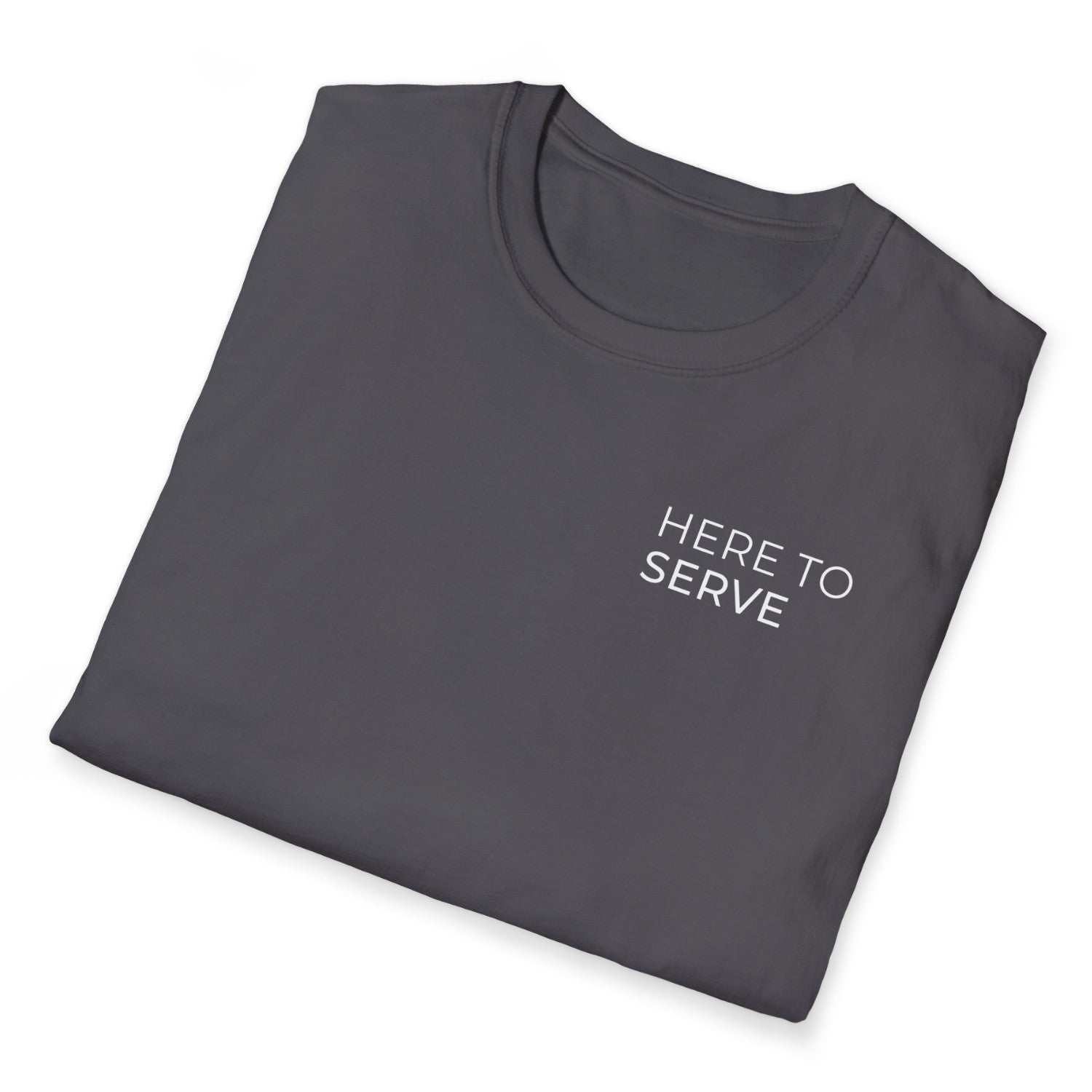 Folded Charcoal Christian t-shirt with 'HERE TO SERVE' text on a white background