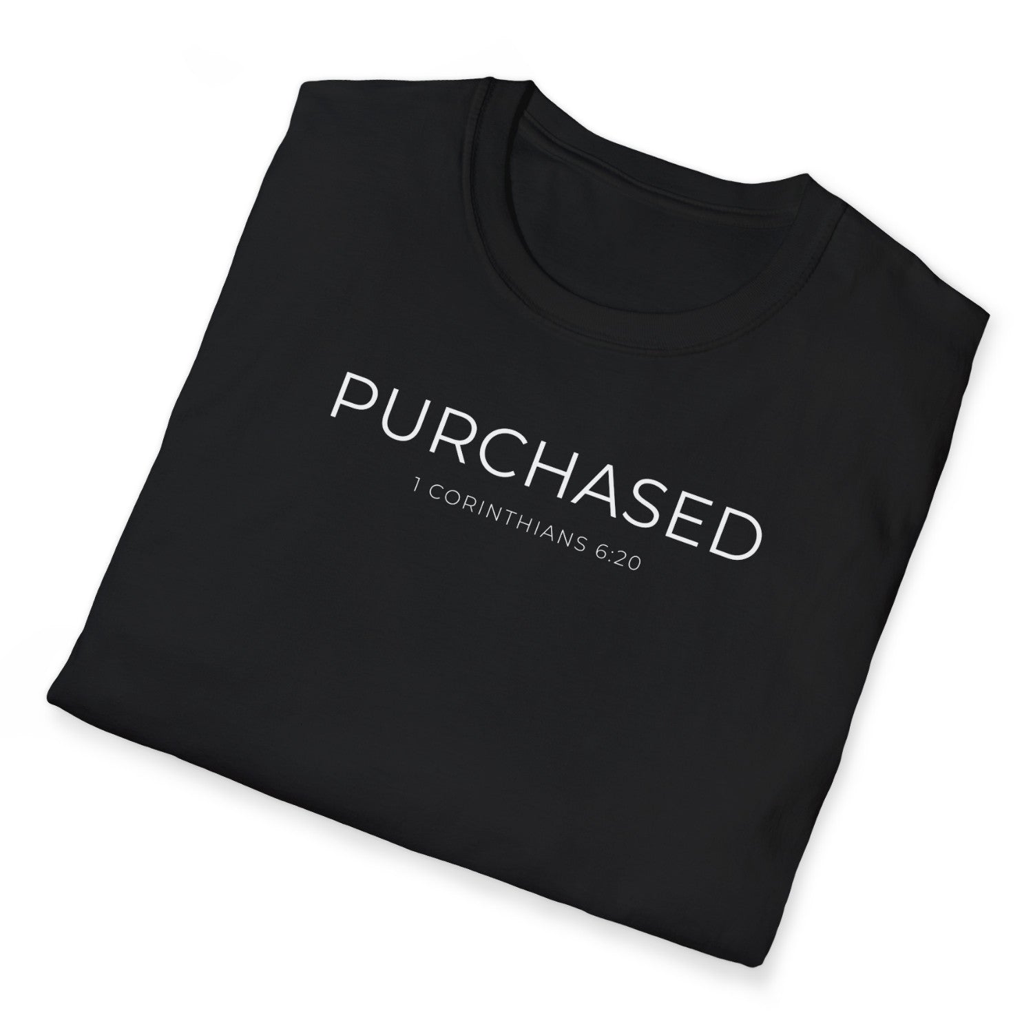 Folded Black Christian t-shirt with 'PURCHASED 1 Corinthians 6:20' text on a white background