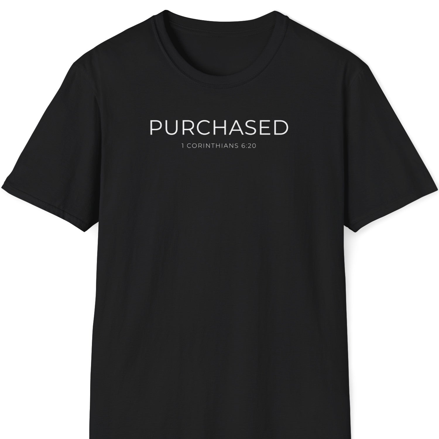 Black Christian t-shirt with 'PURCHASED 1 Corinthians 6:20' text on a white background