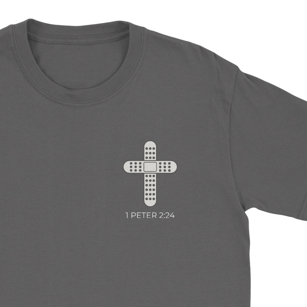 Healers Mark 1 Peter 2:24 Faith Graphic Tee close-up – Christian Streetwear – By Design Threads