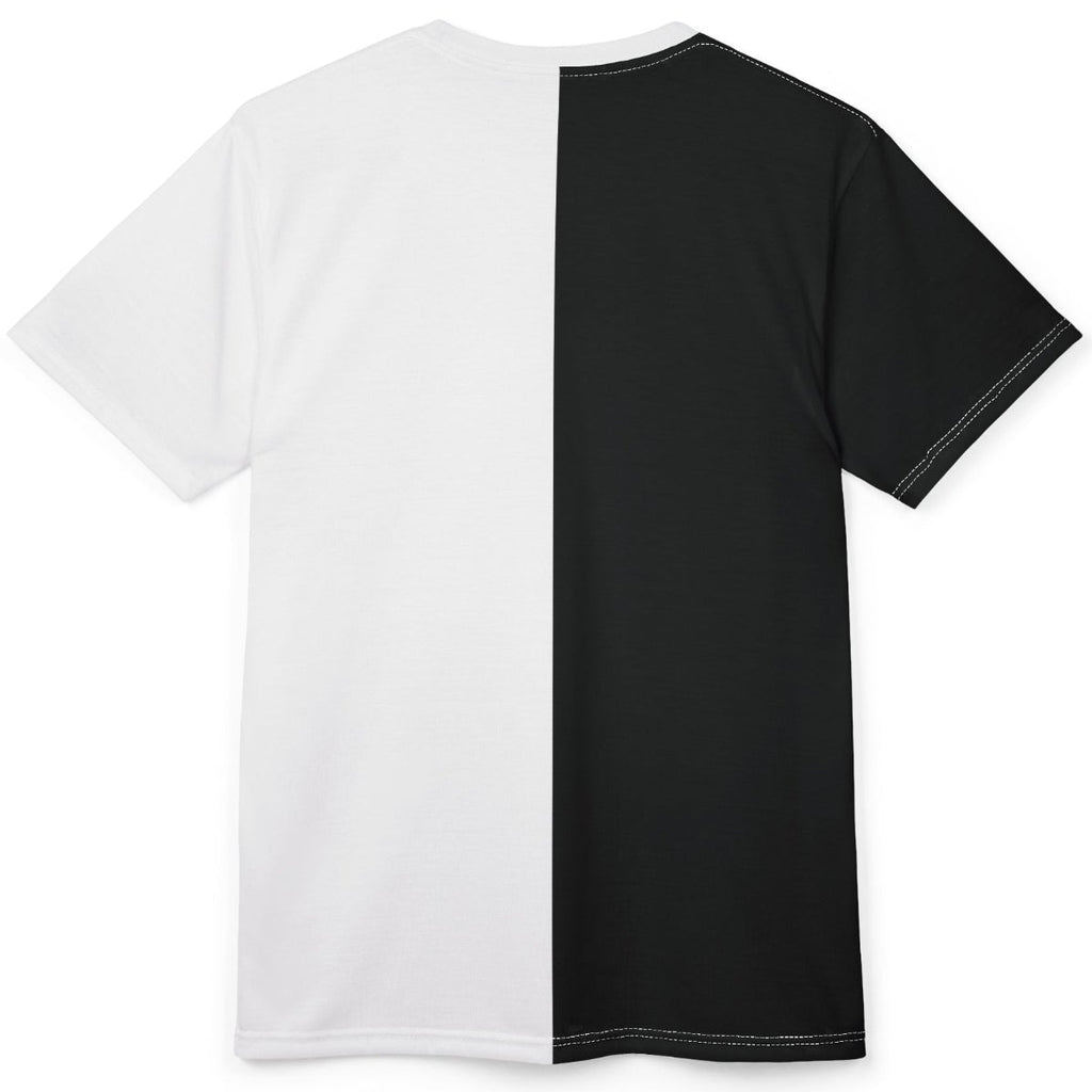 Back view of an all-over print T-shirt split vertically into white on the left and black on the right.