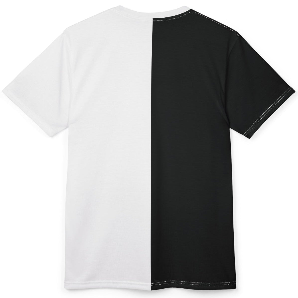 Back view of an all-over print T-shirt split vertically into white on the left and black on the right.