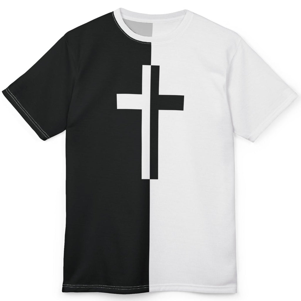 Front view of a black-and-white split all-over print T-shirt with a contrasting cross centered on the chest.