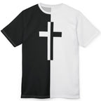Front view of a black-and-white split all-over print T-shirt with a contrasting cross centered on the chest.