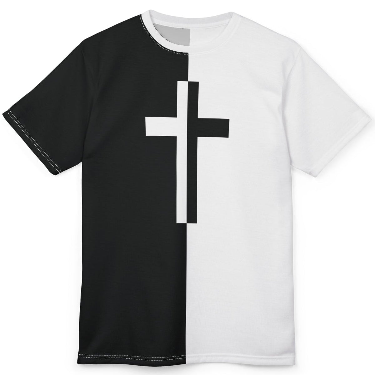 Front view of a black-and-white split all-over print T-shirt with a contrasting cross centered on the chest.